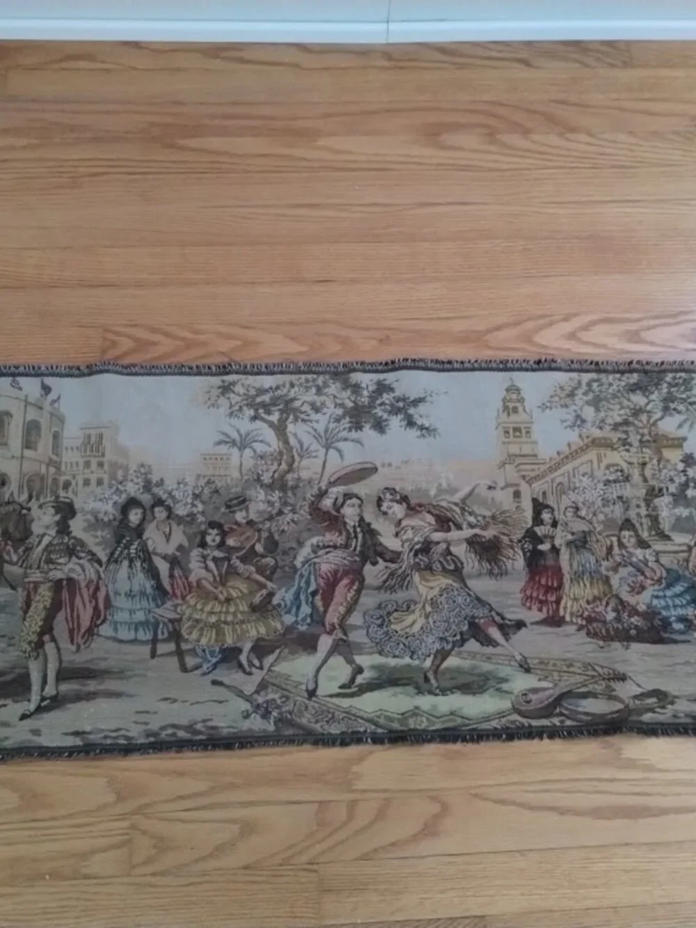 VTG Italian Wall Hanging Wide Tapestry Depicting Town Square Socializing & Party